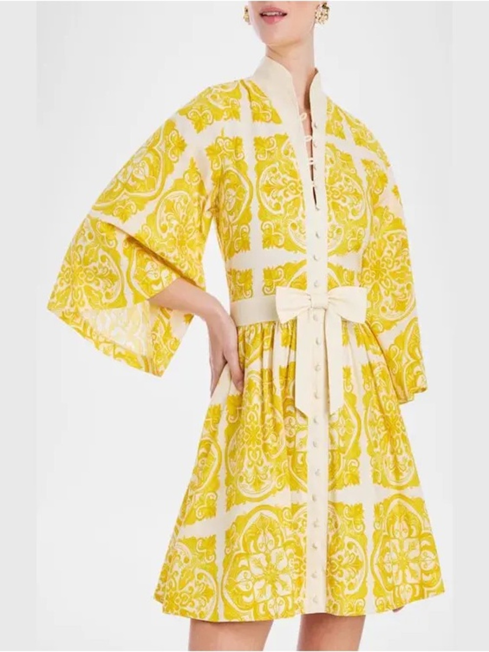 Mestiza New York Carmen Flare-Sleeve Mini Dress Bow Tie Front Buttons Yellow